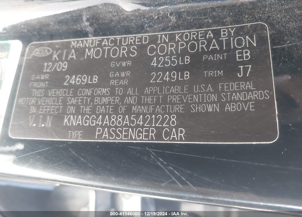 2010 KIA OPTIMA LX VIN: KNAGG4A88A5421228