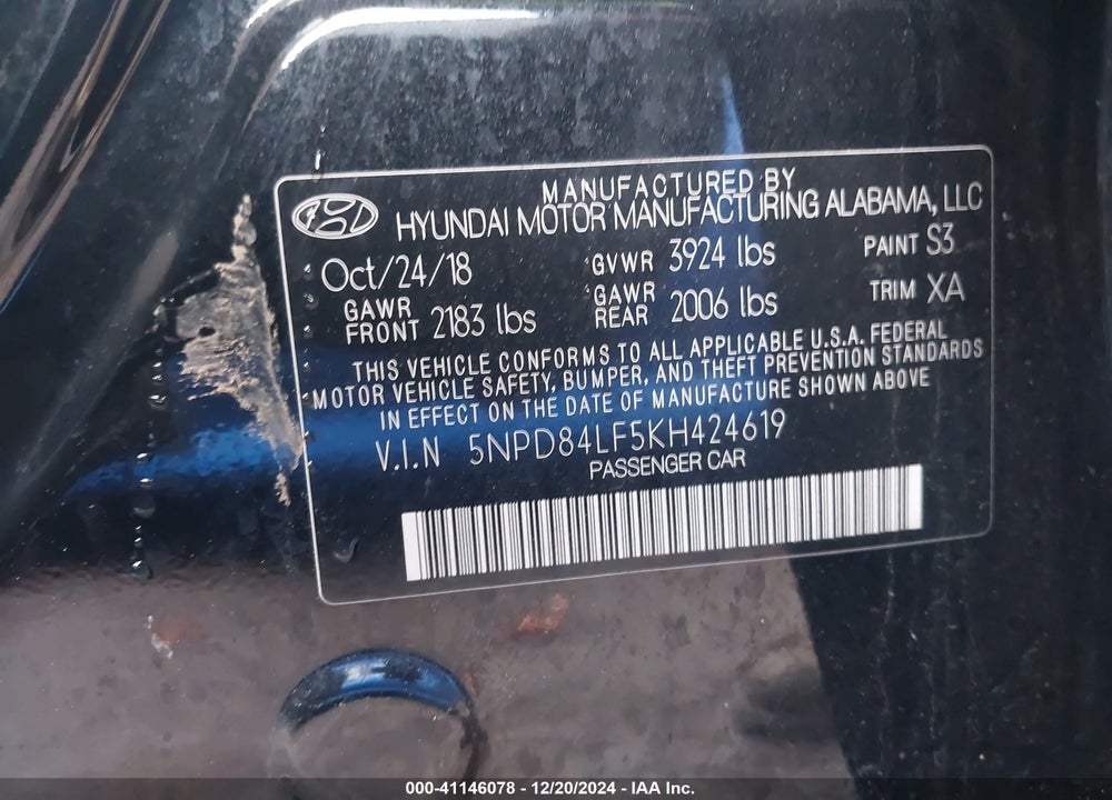2019 HYUNDAI ELANTRA VIN: 5NPD84LF5KH424619