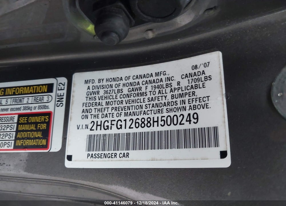 2008 HONDA CIVIC LX VIN: 2HGFG12688H500249