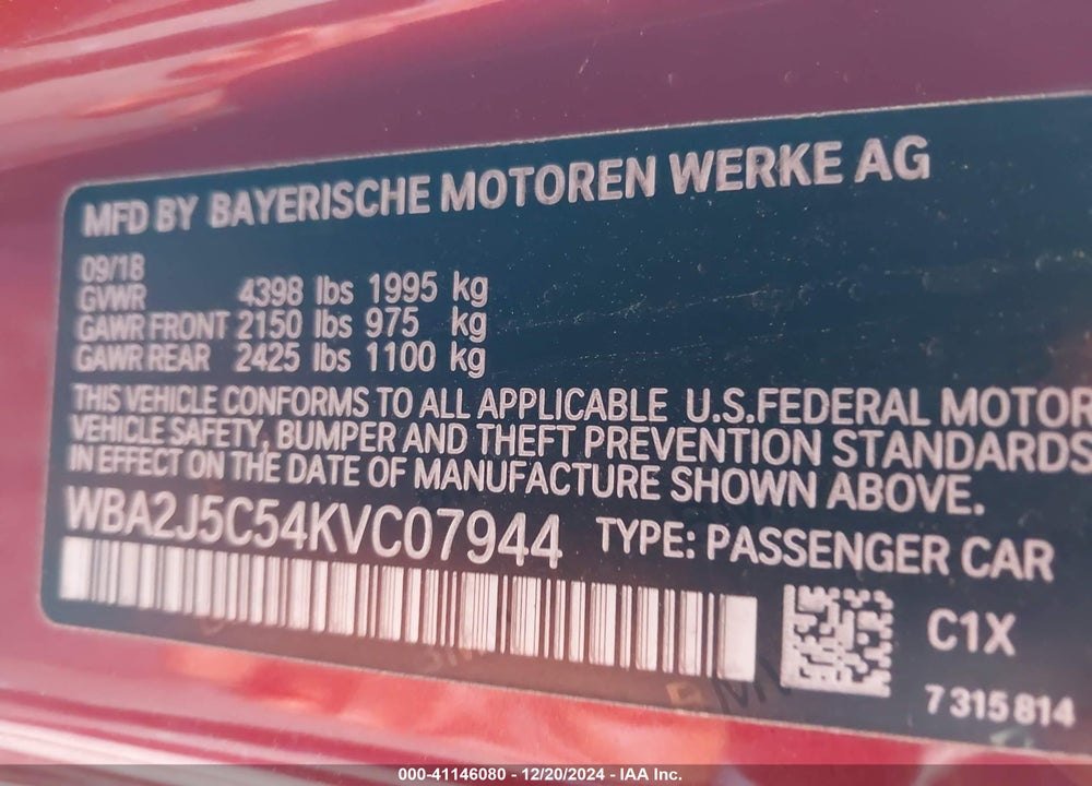 2019 BMW M240I VIN: WBA2J5C54KVC07944