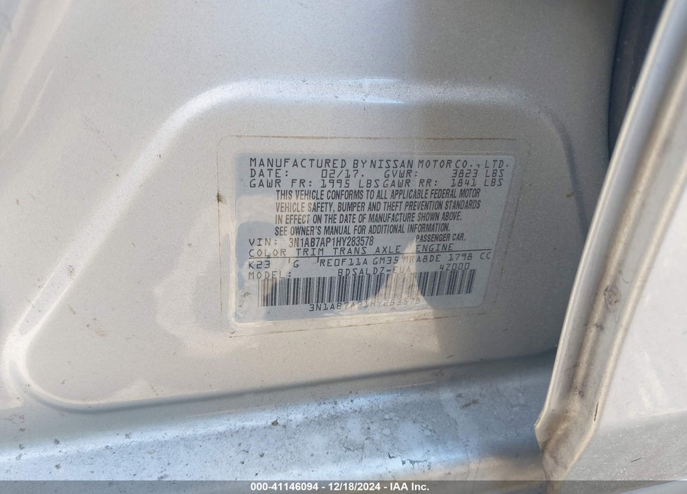 2017 NISSAN SENTRA SV VIN: 3N1AB7AP1HY283578