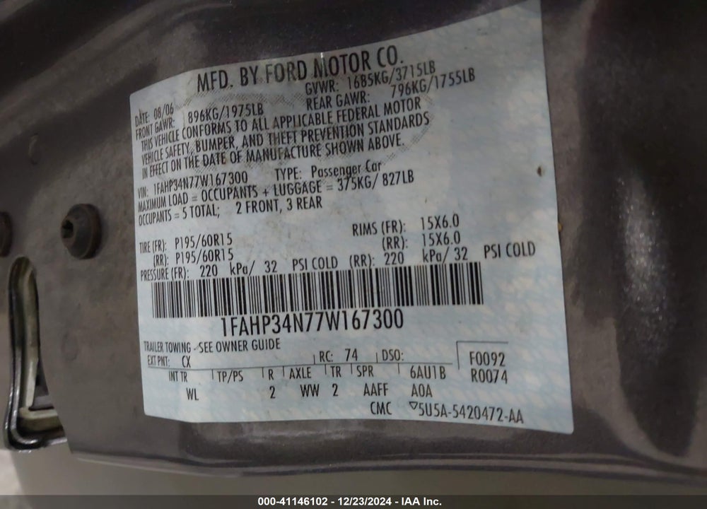 2007 FORD FOCUS S/SE/SES VIN: 1FAHP34N77W167300