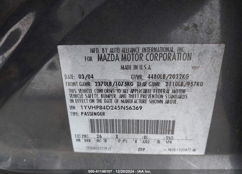 2004 MAZDA 6 S VIN: 1YVHP84D245N56369