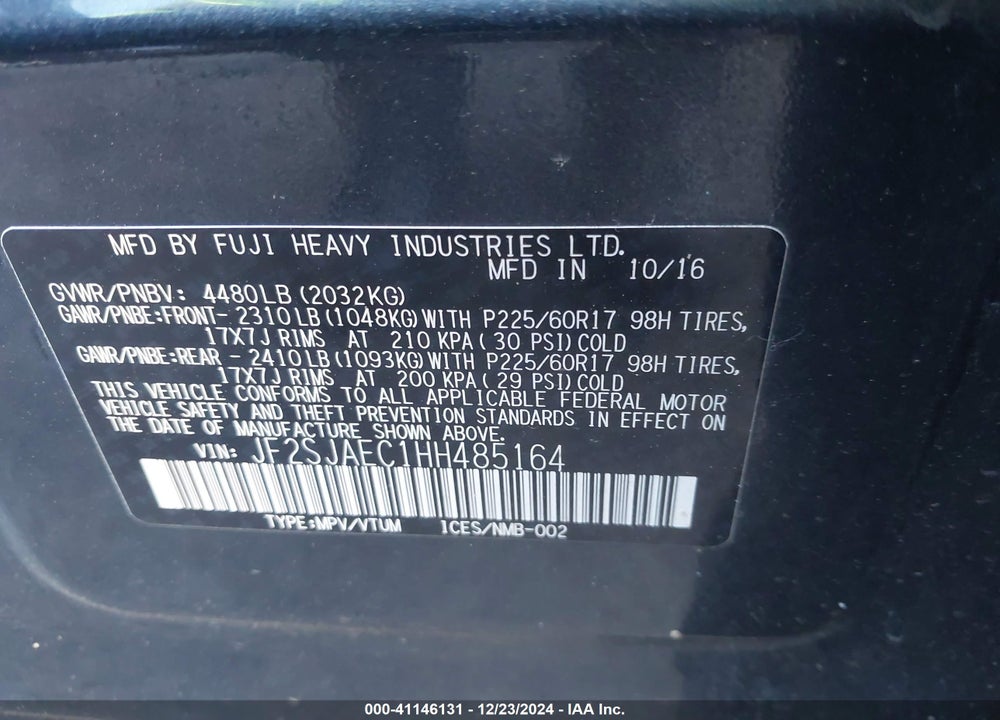 2017 SUBARU FORESTER 2.5I PREMIUM VIN: JF2SJAEC1HH485164