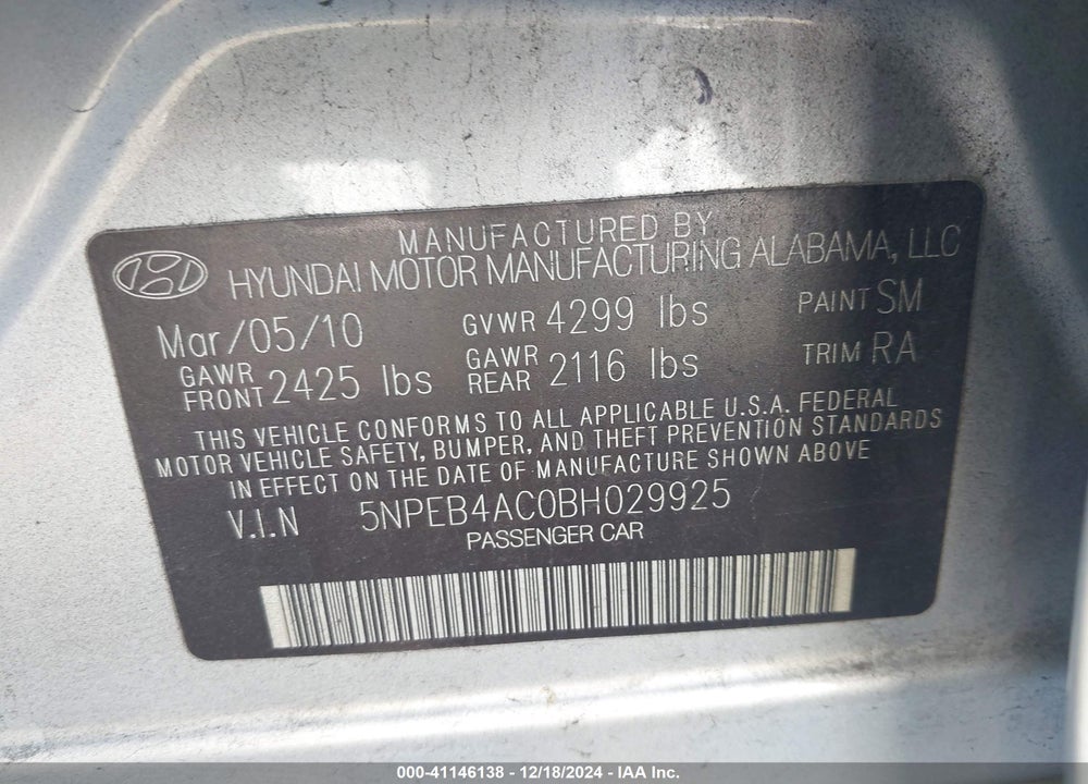 2011 HYUNDAI SONATA GLS VIN: 5NPEB4AC0BH029925