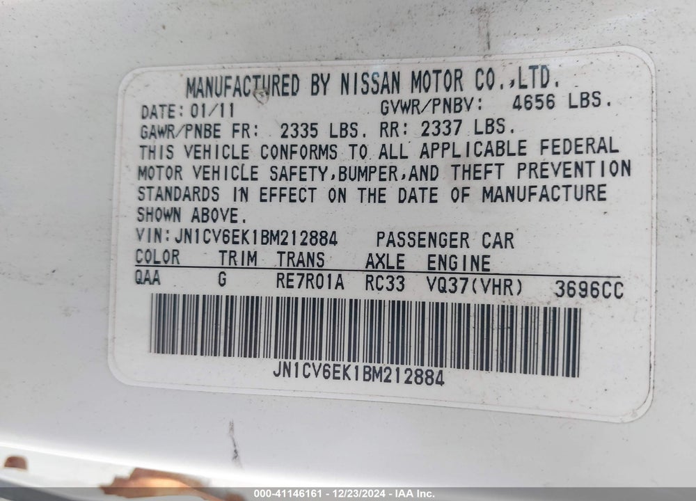 2011 INFINITI G37 JOURNEY VIN: JN1CV6EK1BM212884
