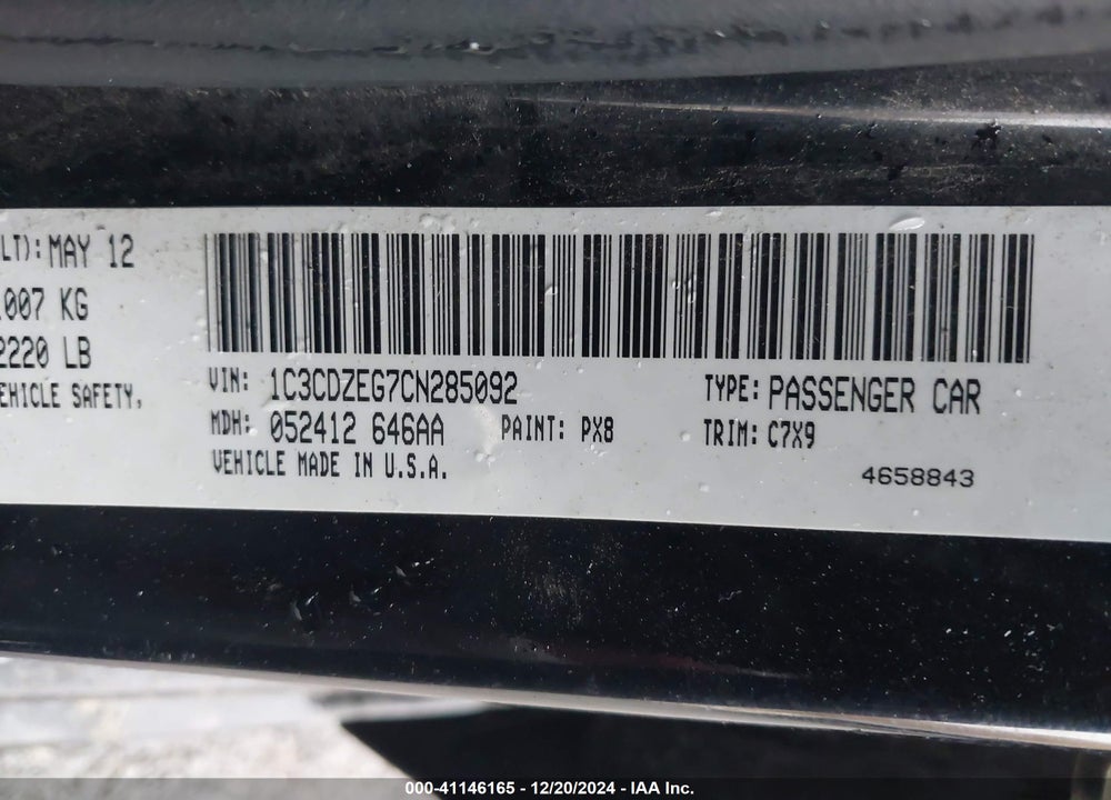 2012 DODGE AVENGER VIN: 1C3CDZEG7CN285092
