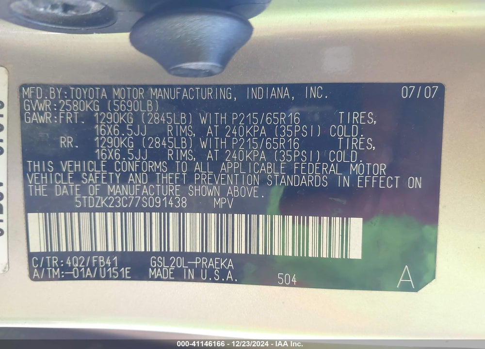 2007 TOYOTA SIENNA CE VIN: 5TDZK23C77S091438
