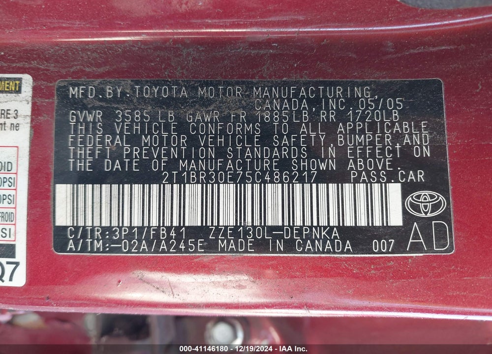2005 TOYOTA COROLLA LE VIN: 2T1BR30E75C486217