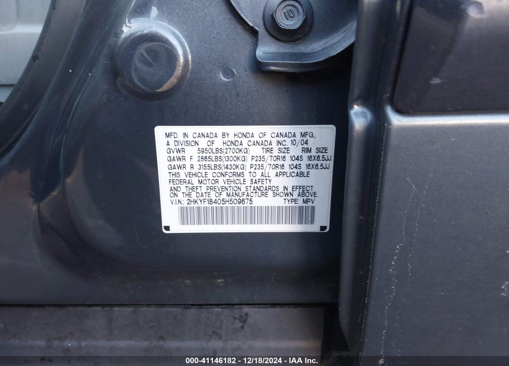 2005 HONDA PILOT EX VIN: 2HKYF18405H509675