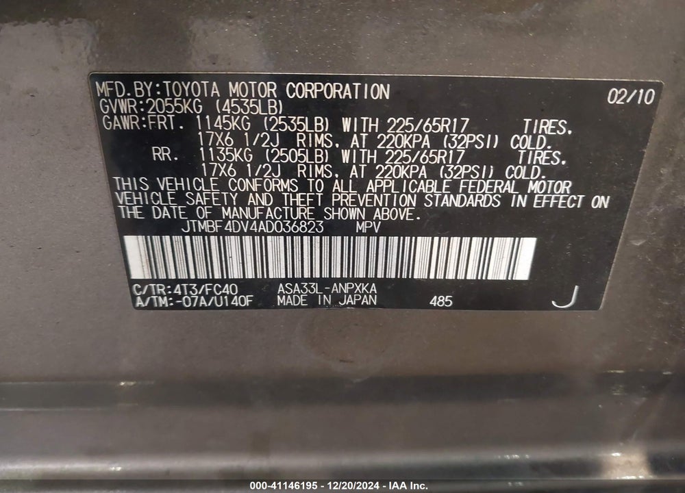 2010 TOYOTA RAV4 VIN: JTMBF4DV4AD036823