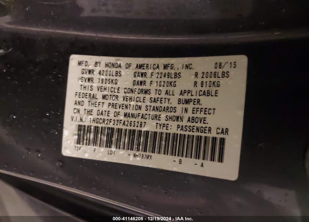 2015 HONDA ACCORD LX VIN: 1HGCR2F33FA265287
