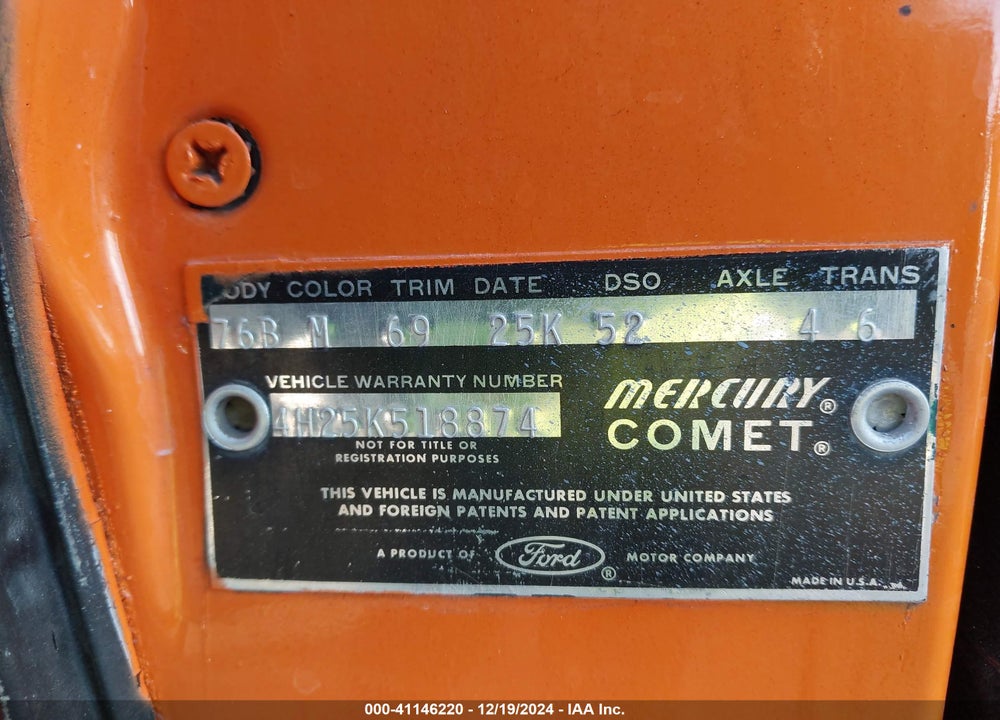 1964 MERC COMET VIN: 4H25K18874