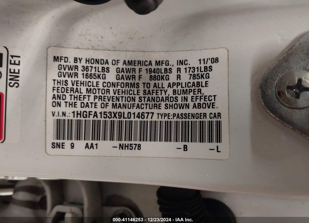 2009 HONDA CIVIC VP VIN: 1HGFA153X9L014677