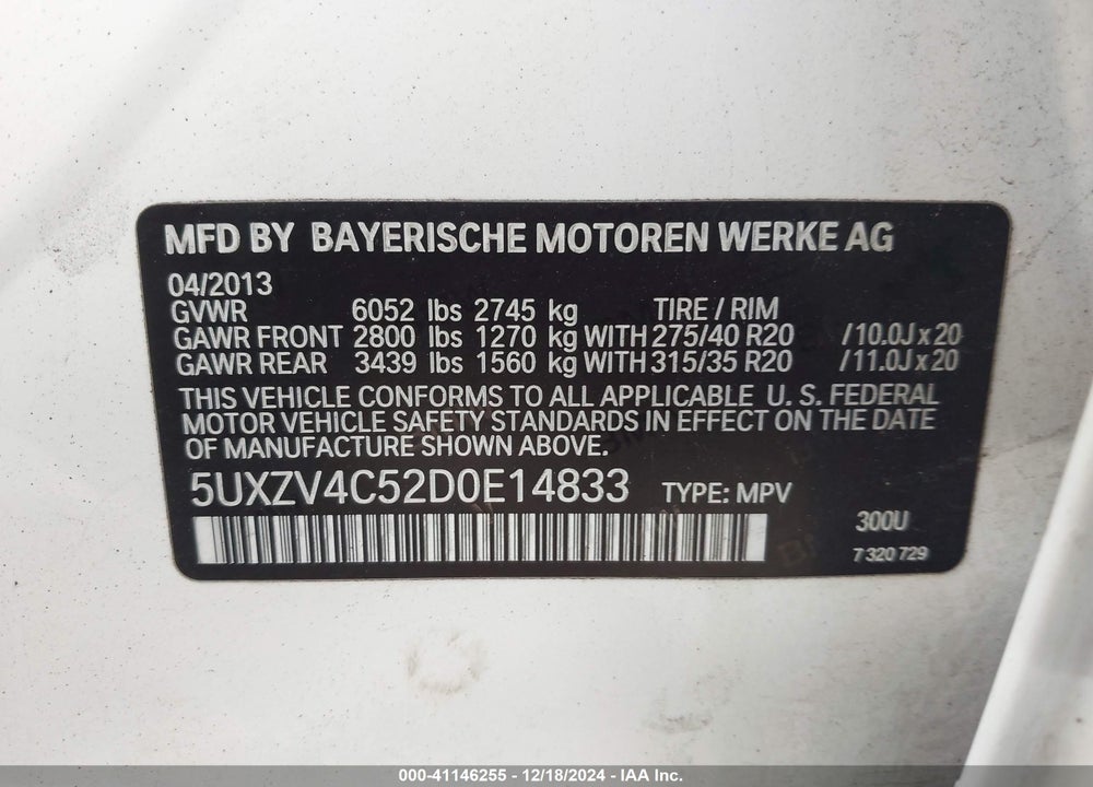 2013 BMW X5 XDRIVE35I/XDRIVE35I PREMIUM/XDRIVE35I SPORT ACTIVITY VIN: 5UXZV4C52D0E14833