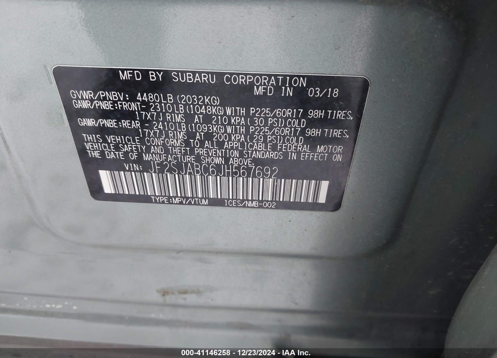 2018 SUBARU FORESTER 2.5I VIN: JF2SJABC6JH567692