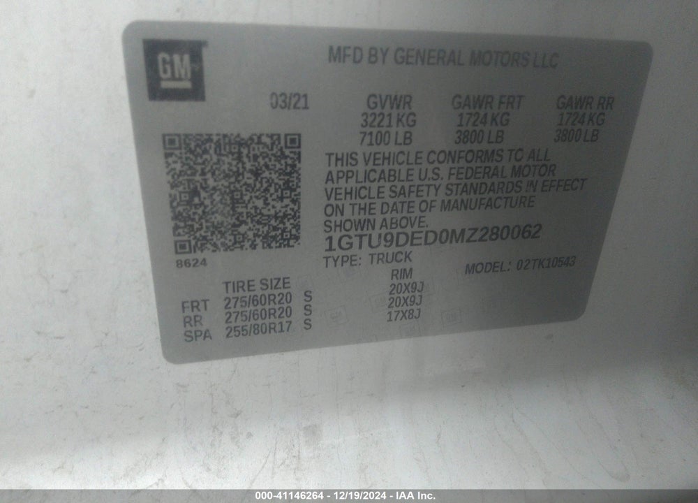2021 GMC SIERRA 1500 VIN: 1GTU9DED0MZ280062
