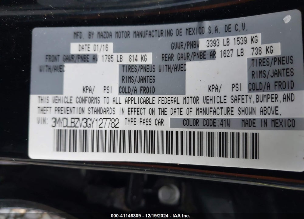 2016 SCION IA VIN: 3MYDLBZV3GY127782