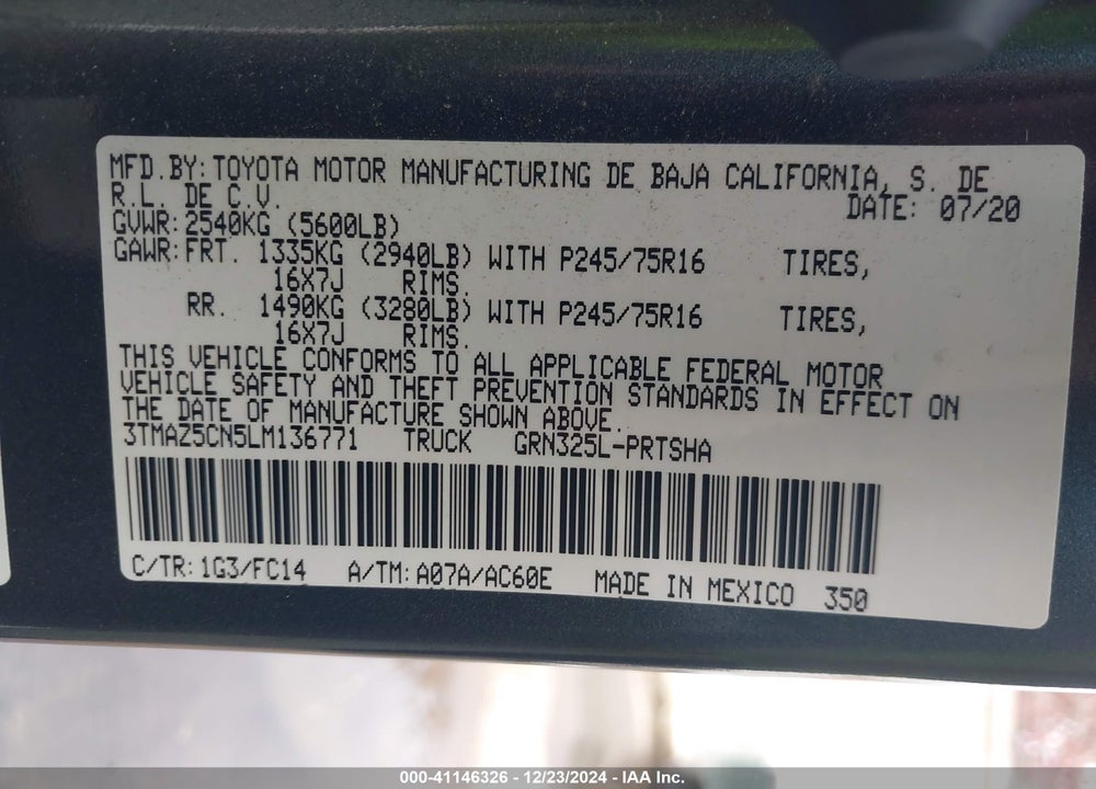 2020 TOYOTA TACOMA SR5 V6 VIN: 3TMAZ5CN5LM136771