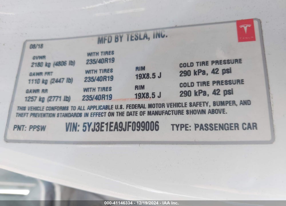 2018 TESLA MODEL 3 VIN: 5YJ3E1EA9JF099006