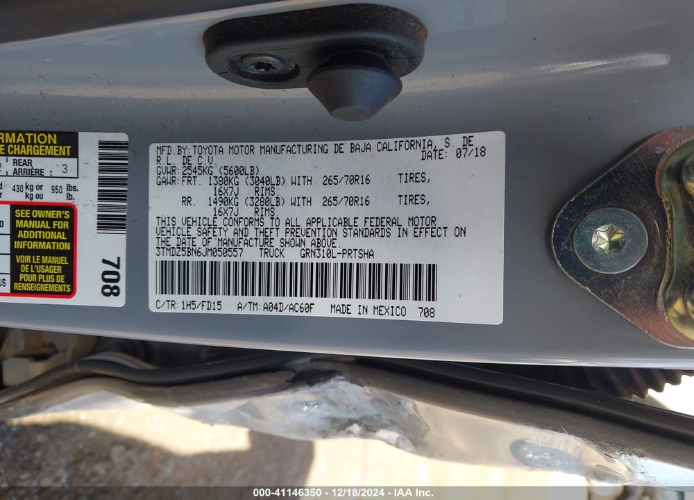 2018 TOYOTA TACOMA VIN: 3TMDZ5BN6JM050557