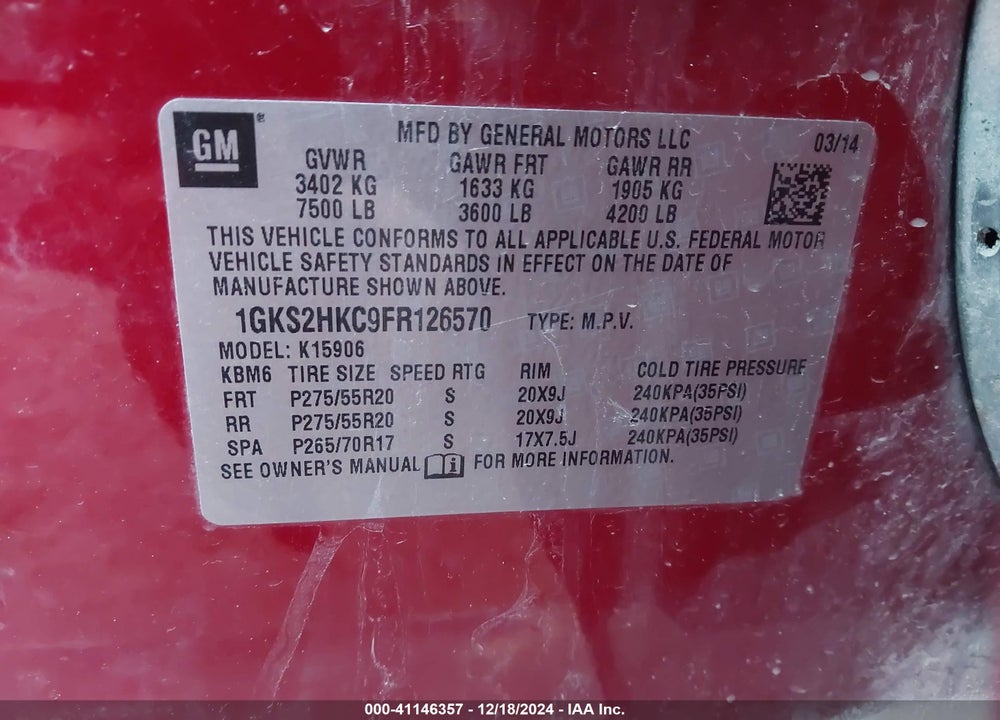 2015 GMC YUKON XL 1500 SLT VIN: 1GKS2HKC9FR126570