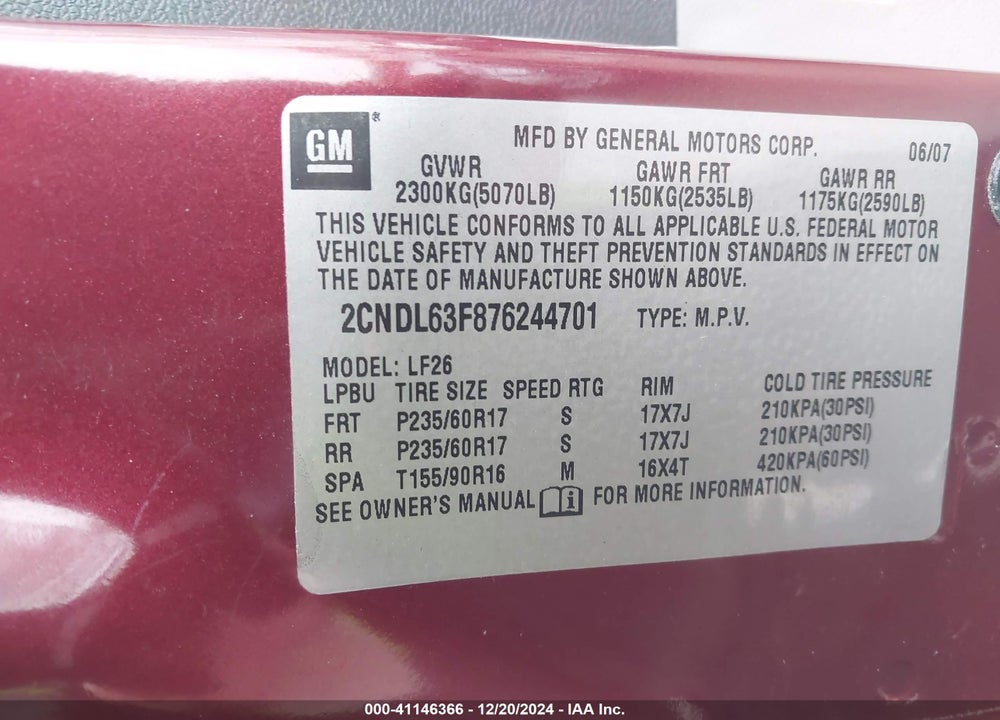 2007 CHEVROLET EQUINOX LT VIN: 2CNDL63F876244701