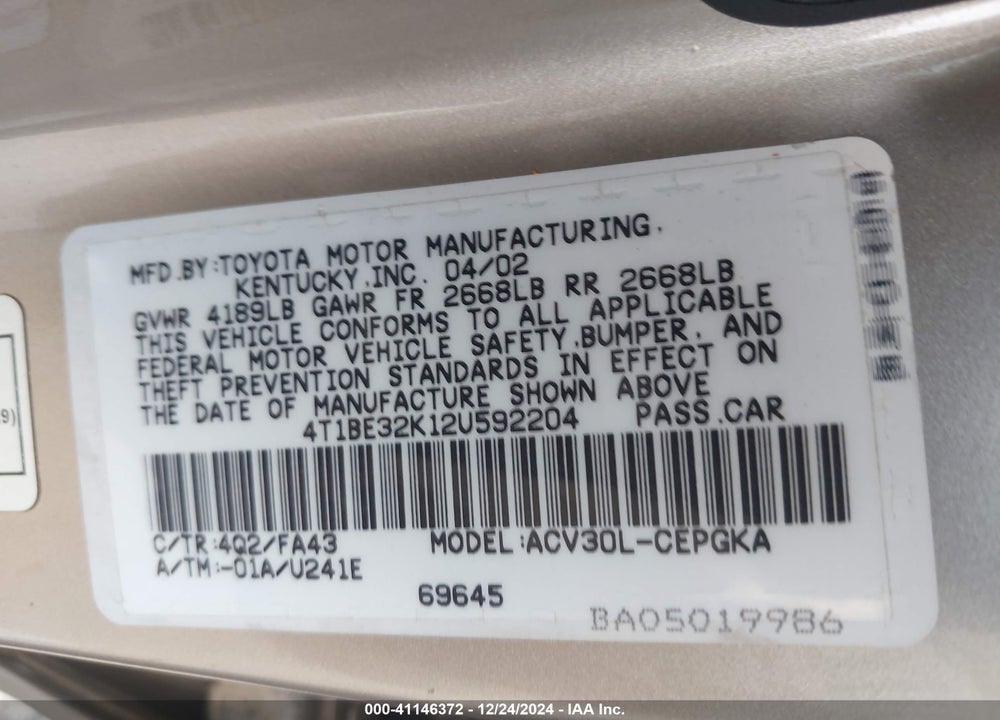 2002 TOYOTA CAMRY XLE VIN: 4T1BE32K12U592204