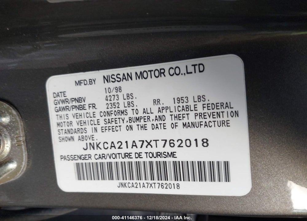 1999 INFINITI I30 LIMITED/STANDARD/TOURING VIN: JNKCA21A7XT762018