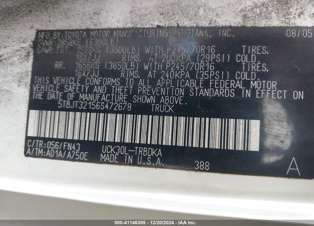 2006 TOYOTA TUNDRA BASE V8 VIN: 5TBJT32156S472678