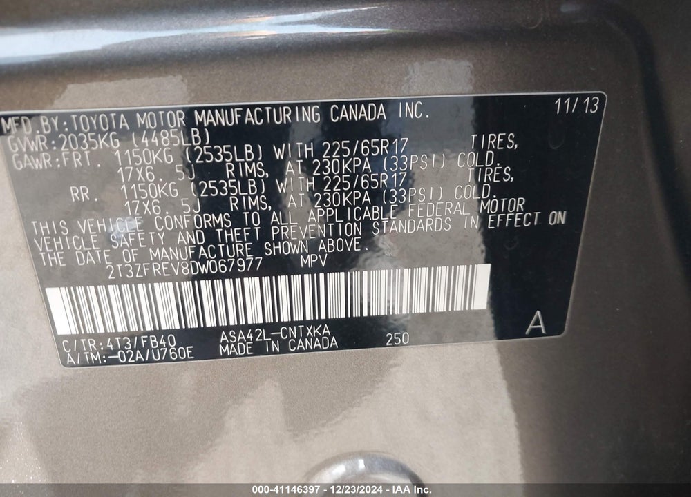 2013 TOYOTA RAV4 LE VIN: 2T3ZFREV8DW067977