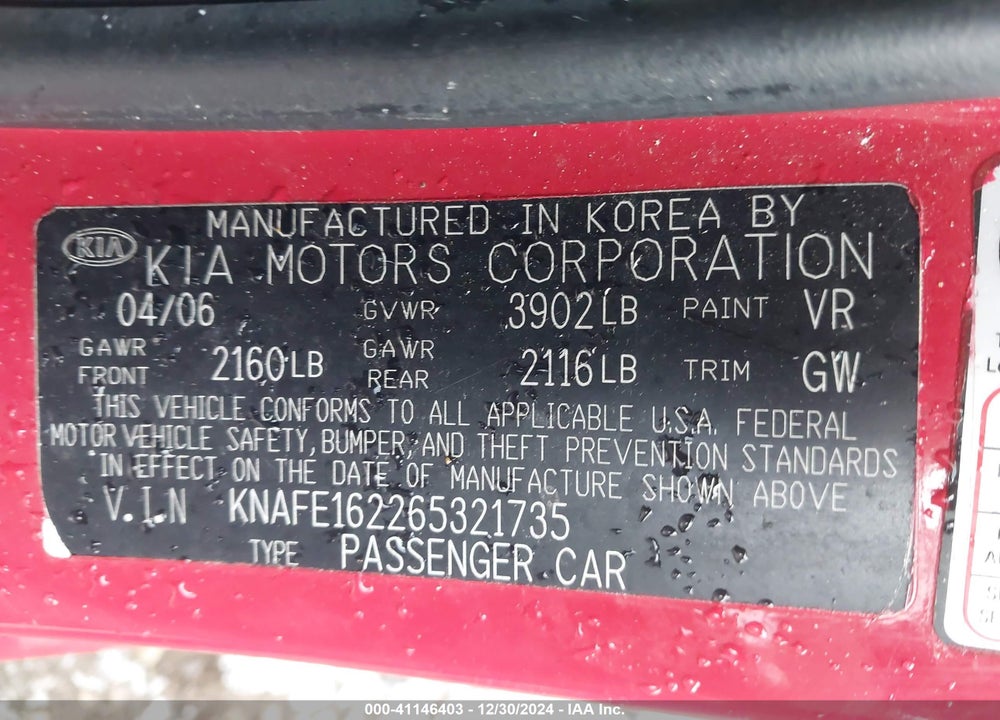 2006 KIA SPECTRA5 VIN: KNAFE162265321735