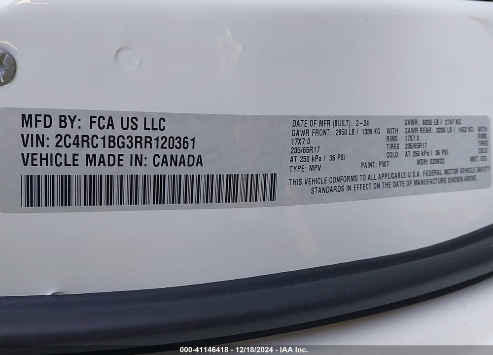 2024 CHRYSLER PACIFICA TOURING L VIN: 2C4RC1BG3RR120361
