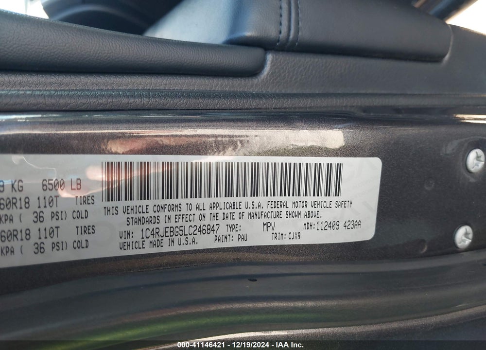2020 JEEP GRAND CHEROKEE LIMITED 4X2 VIN: 1C4RJEBG5LC246847