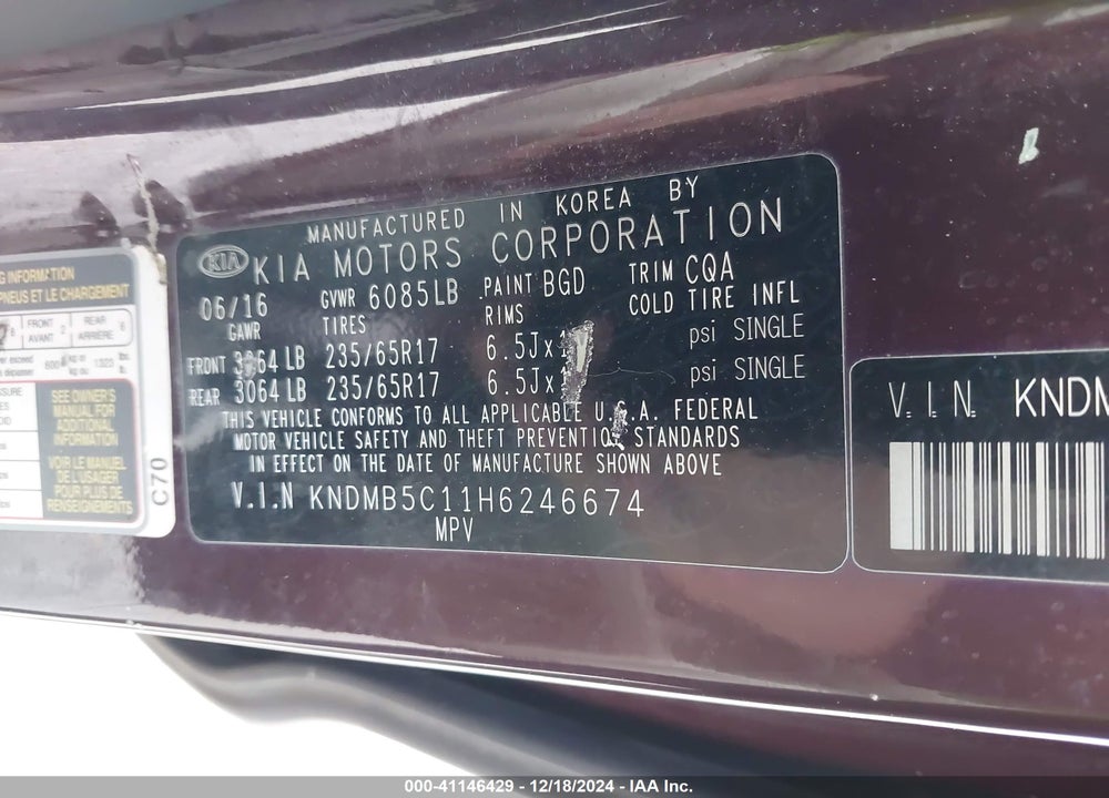 2017 KIA SEDONA LX VIN: KNDMB5C11H6246674