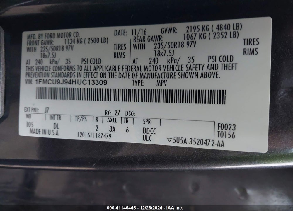 2017 FORD ESCAPE TITANIUM VIN: 1FMCU9J94HUC13309