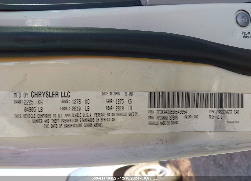 2009 CHRYSLER 300 VIN: 2C3KA43D59H543854