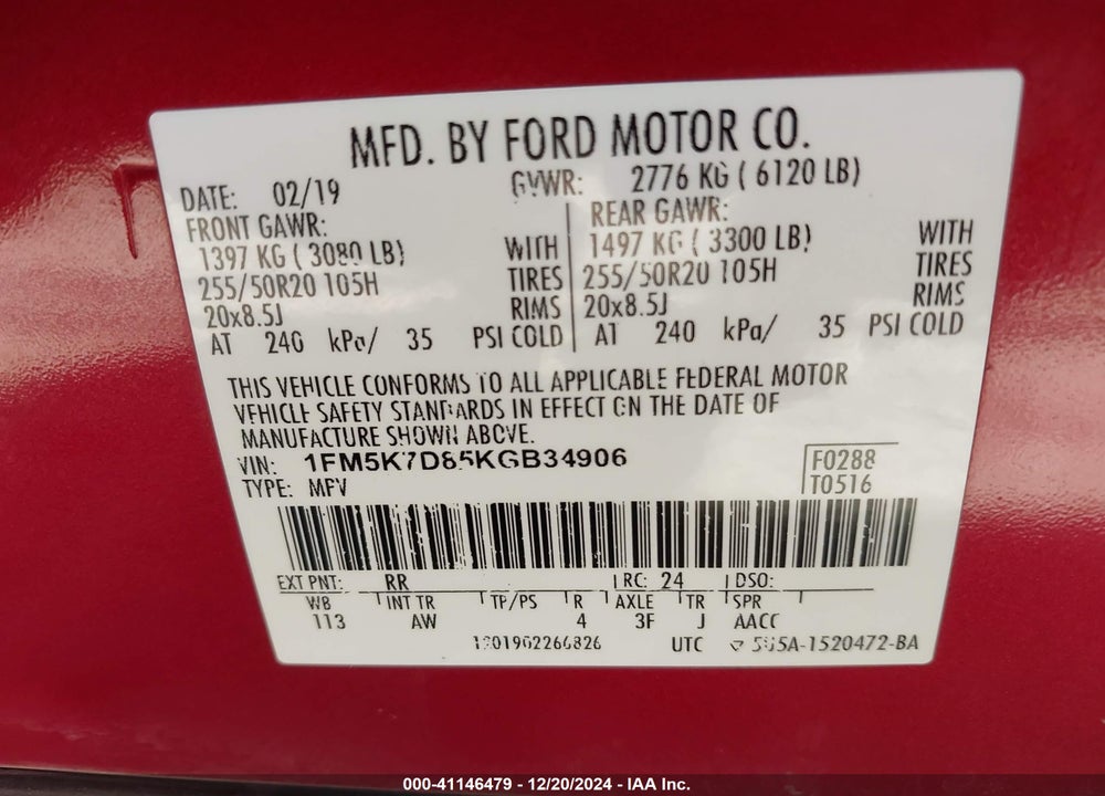 2019 FORD EXPLORER XLT VIN: 1FM5K7D85KGB34906