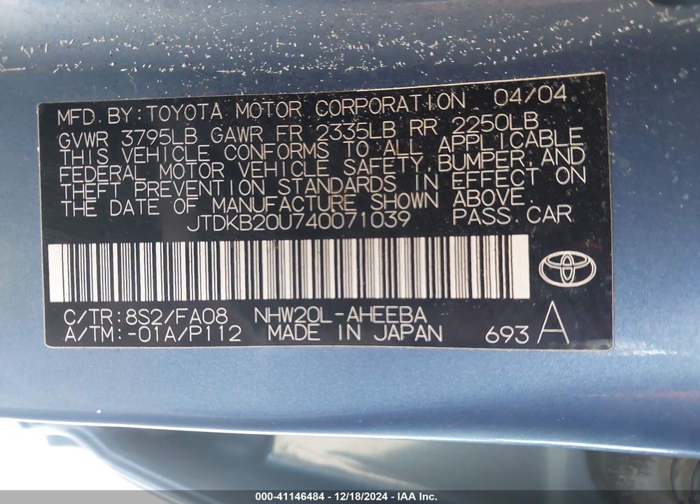 2004 TOYOTA PRIUS VIN: JTDKB20U740071039
