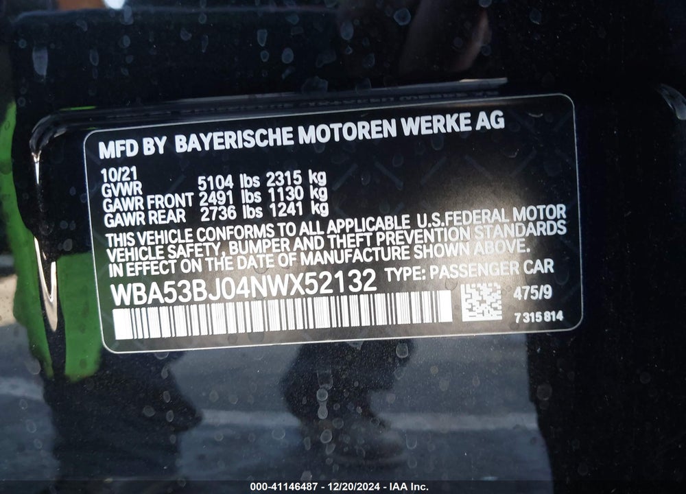 2022 BMW 540 I VIN: WBA53BJ04NWX52132