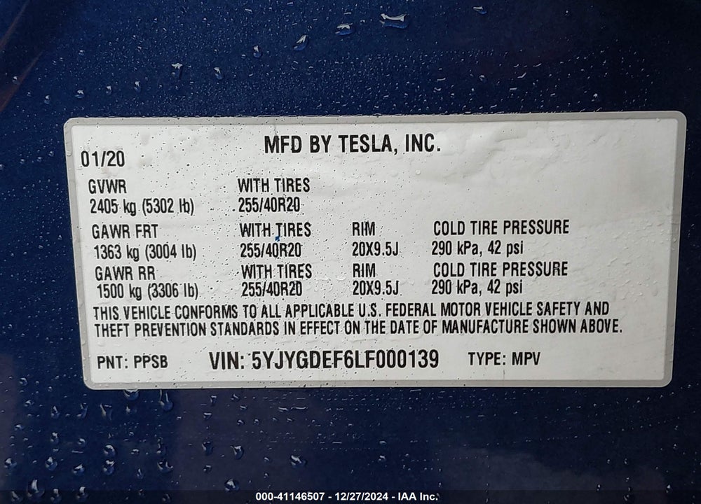 2020 TESLA MODEL Y LONG RANGE DUAL MOTOR ALL-WHEEL DRIVE/PERFORMANCE DUAL MOTOR ALL-WHEEL DRIVE VIN: 5YJYGDEF6LF000139