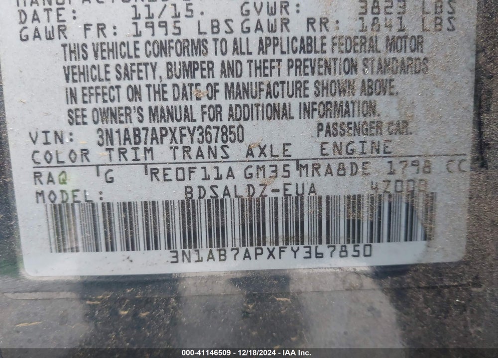 2015 NISSAN SENTRA SV VIN: 3N1AB7APXFY367850