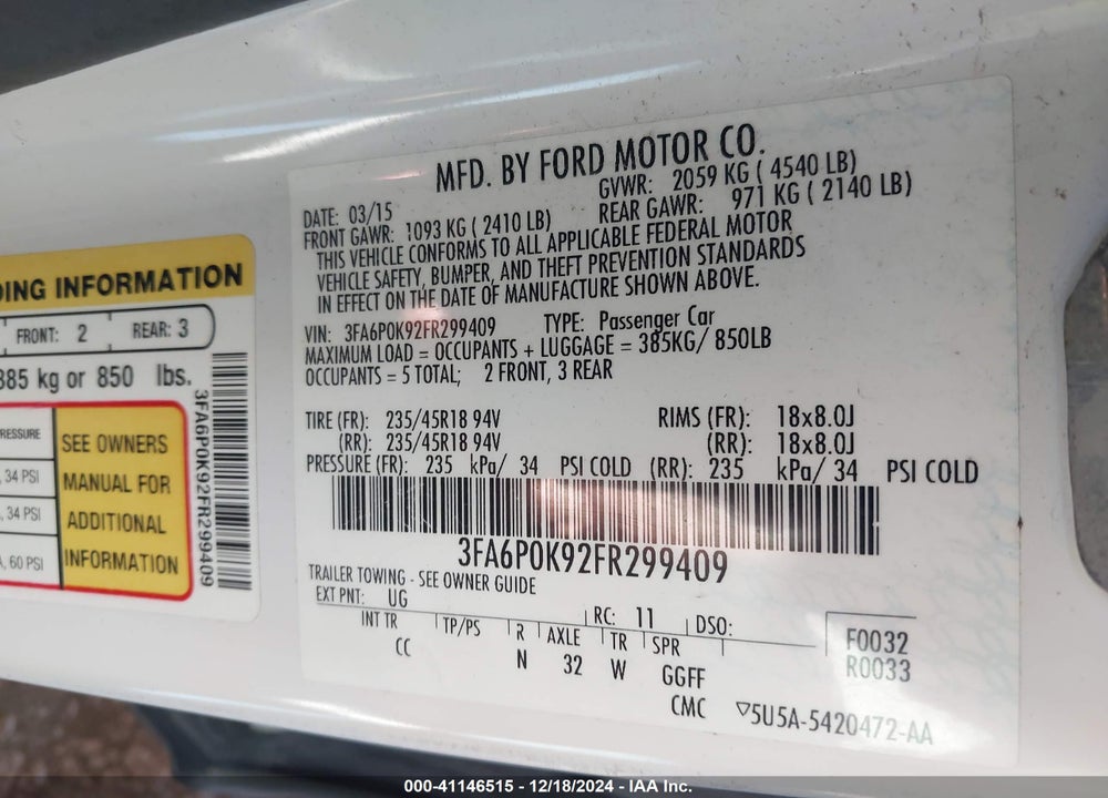 2015 FORD FUSION VIN: 3FA6P0K92FR299409