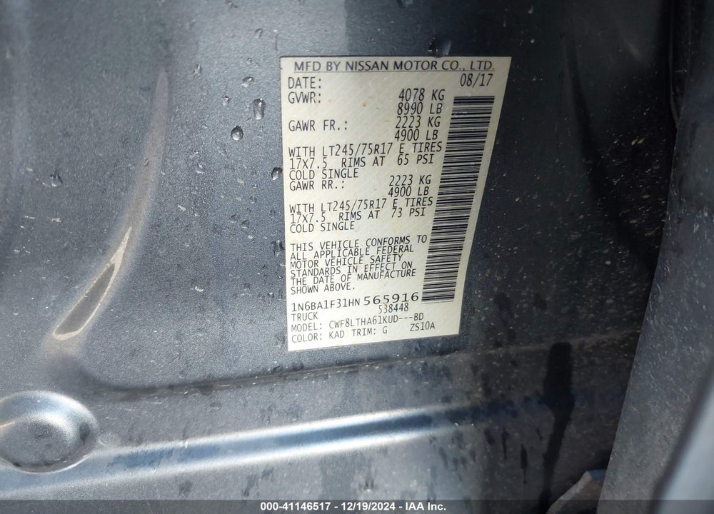 2017 NISSAN TITAN XD VIN: 1N6BA1F31HN565916