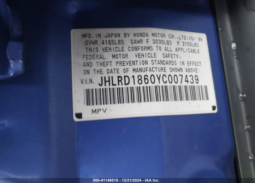 2000 HONDA CR-V EX VIN: JHLRD1860YC007439