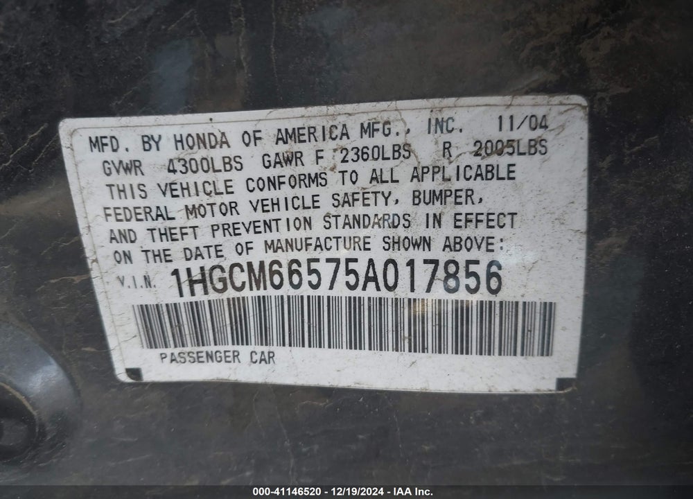2005 HONDA ACCORD 3.0 EX VIN: 1HGCM66575A017856