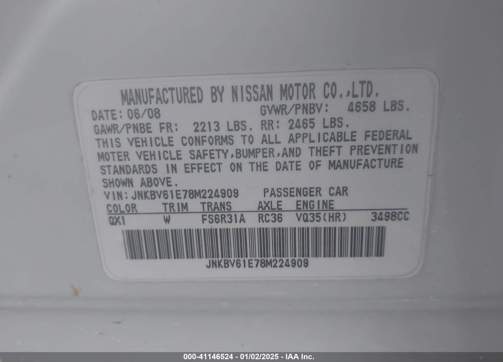 2008 INFINITI G35 SPORT VIN: JNKBV61E78M224909