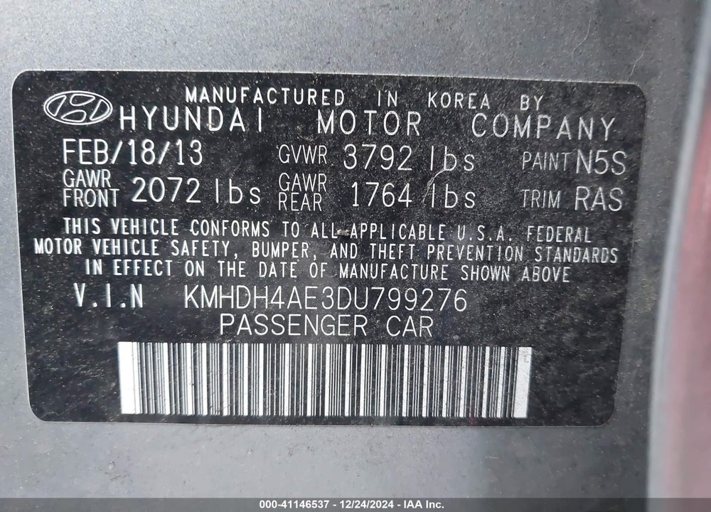 2013 HYUNDAI ELANTRA GLS VIN: KMHDH4AE3DU799276