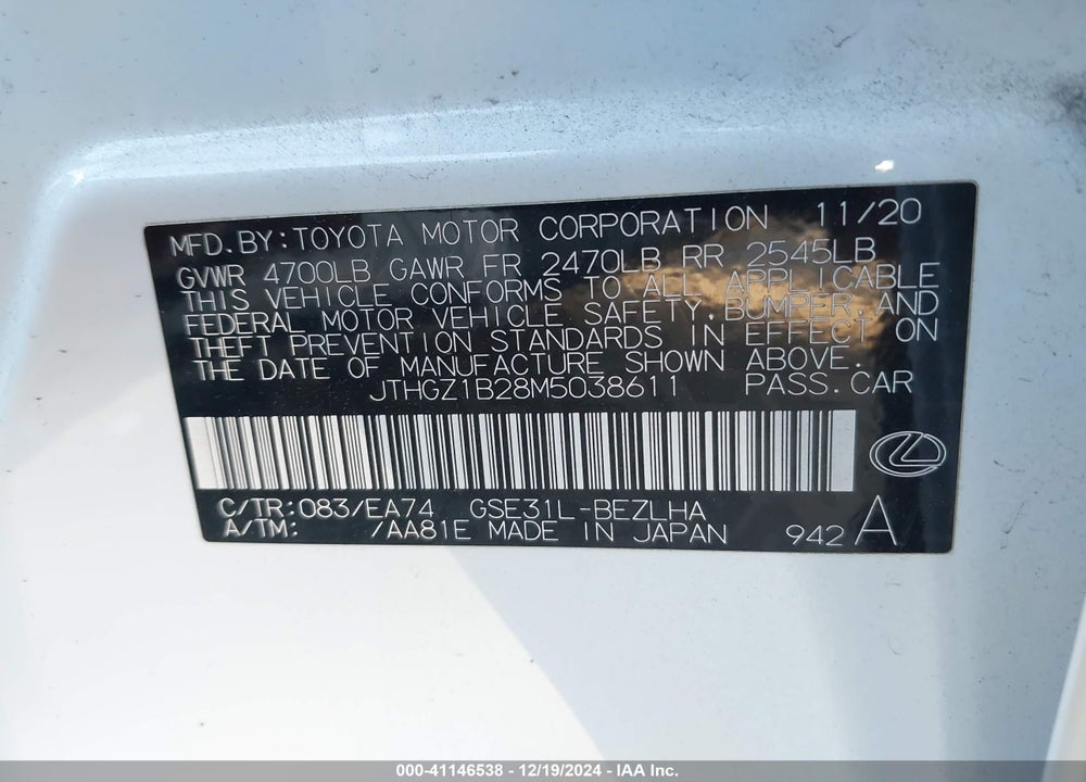 2021 LEXUS IS 350 F-SPORT VIN: JTHGZ1B28M5038611