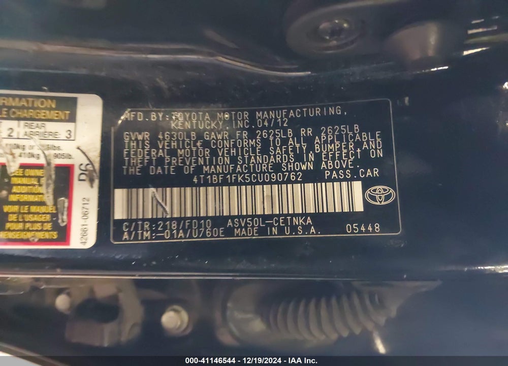 2012 TOYOTA CAMRY LE VIN: 4T1BF1FK5CU090762